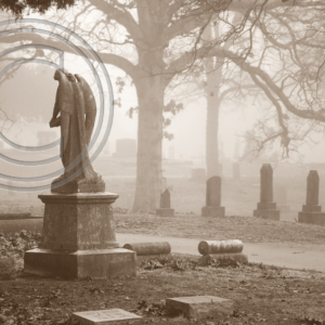 foggy morning, angel in the cemetery -- sepia