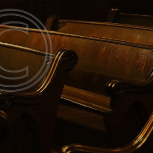 carved, wooden church pews